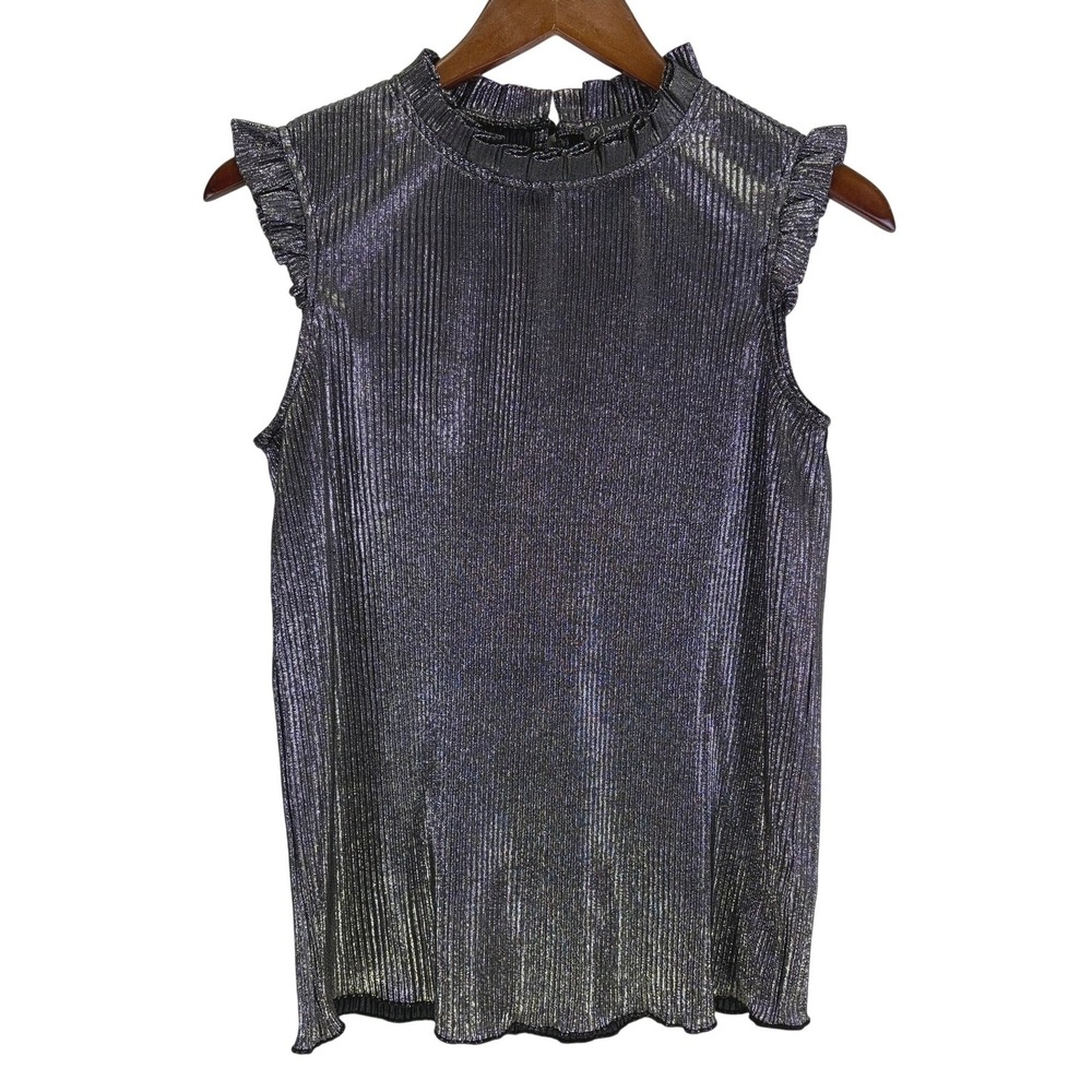 Adrianna Papell Womens Silver Metallic Plisse Ruffle Mock Neck Blouse Small